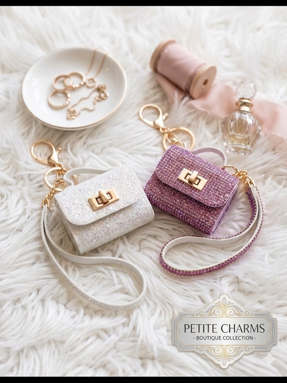 Mini Sparkle Wristlet Keychain - Bag Charms : White/Iridesent & Pink